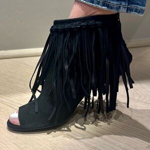 Black Fringe Peep-Toe Ankle Boots